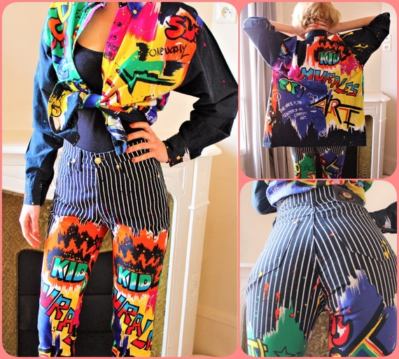 90s Versace Jeans Couture Pin Striped Pop Art Graffiti Club 90s Versace Jeans Couture Pin Striped Pop Art Graffiti Club