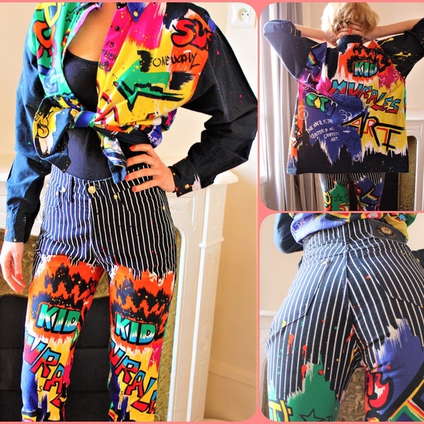 90er Versace Jeans Couture Pin Gestreift Pop Art Graffiti Club Kid Club JeansHose Hose