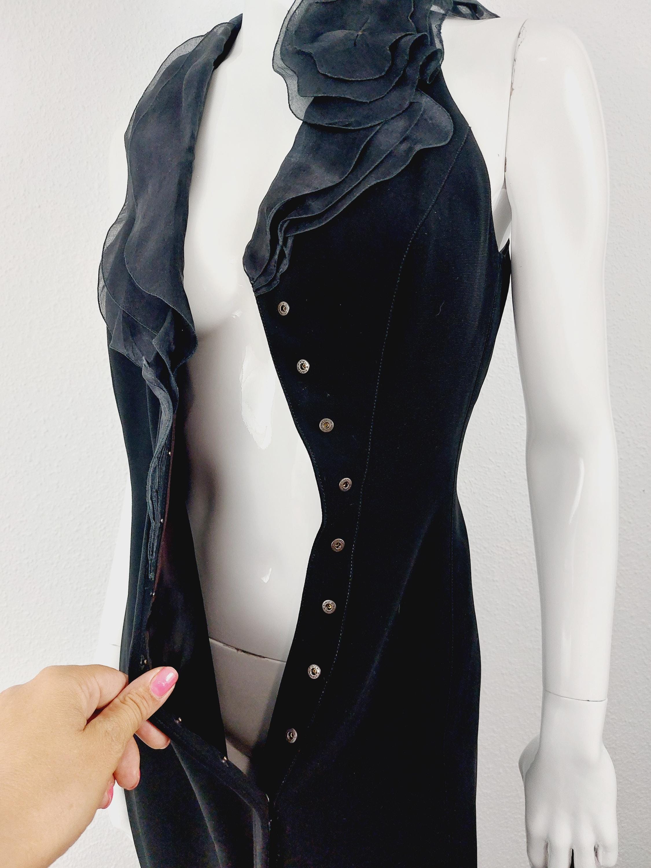 Thierry Mugler Couture Black Split Silk Sleveless Flower