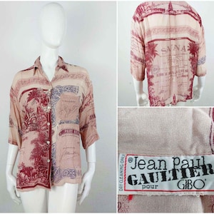 1986 Jean Paul Gaultier Pour Gibo Savana Africa Safari Seda Sello Blusa Top Camisa