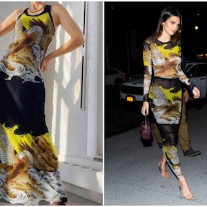 Jean Paul Gaultier Vintage Japanese Golden Eagle Hawk Koi Fish Kendall Jenner  Mesh Transparent Tattoo Optical Illusion Dress Top Skirt