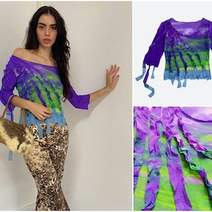 Roberto Cavalli Class sunset fantasy fringe mesh transparent sheer rare vintage optical illusion off-shoulder  Y2K top shirt t-shirt tee
