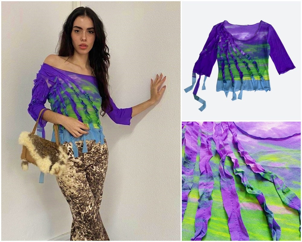Roberto Cavalli Class sunset fantasy fringe mesh transparent sheer rare vintage optical illusion off-shoulder  Y2K top shirt t-shirt tee