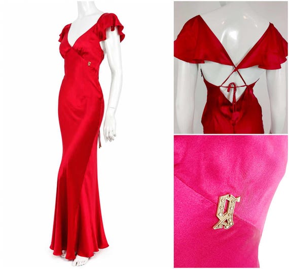 John Galliano, Vintage John Galliano Red Silk Maxi Dress | 2000s Backless Evening Gown with Flutter Sleeves | Made in Italy Designer Dress IT 40 XS S