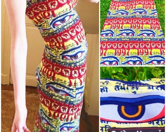 Jean Paul Gaultier JPG Tibet Tibetan 1997 Buddha Eyes Stretch Egypt Tattoo Optical Illusion Maori Mesh Vintage T-shirt Top Tee Maxi Dress