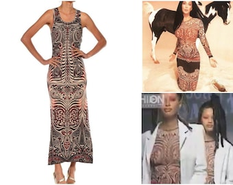 Jean Paul Gaultier Vintage SS 1996 Cyberbaba Maori Tribal Tattoo Print Skeleton Dragon Tank Maxi Dress