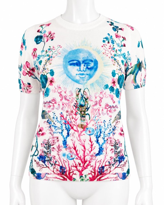 Christian Dior Monsieur, Christian Dior Celestial Sun Floral Knit Top | Botanical Bee Print Short Sleeve Designer Sweater | Made in Italy Stretch Fit M L