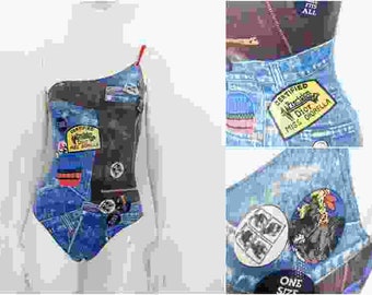Christian Dior by John Galliano  Miss Diorella Trompe L&#39;oeil Shiny Wet Look Denim Jeans Stamp One-Piece Swimsuit