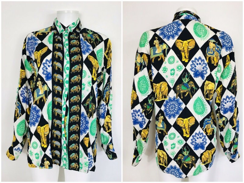Versace Jeans Couture Gianni Black & White Checker Vintage 90's Bright Elephant India Print Pattern Corduroy Button Up Shirt Jacket