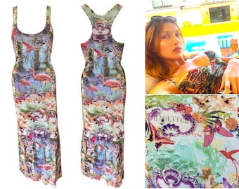 Jean Paul Gaultier Soleil Bella Hadid Tropical Butterfly Flamingo Bird Floral Print Vintage 90s Maxi Dress