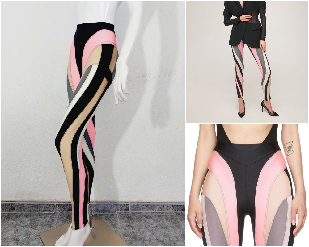 Thierry Mugler Multicolor Spiral Optical Illusion Black Pink Gold Leggings  Tights Pants 