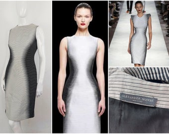 Alexander Mcqueen Optical Illusion Striped  Runway Resort 2009 Black White Psychedelic Collection Vintage Evening Party Cocktail Dress