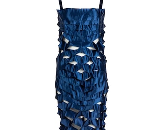 Issey Miyake Sapphire Japanese Blue Satin Ribbon Geisha Cage Vintage 1990s Mini Dress