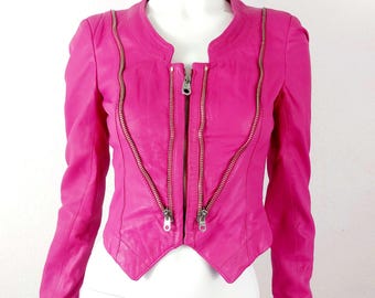 Miss Sixty Hot Pink Lamb Leather Biker Asymmeric Barbie Fuscia 90s Vintage Zipper Moto Y2K Archive Jacket