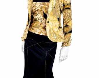 Y2K Arkiv Arkiv Roberto Cavalli 2001 S/S Y2K Guldfärgad ormskinnskjol, bustier och jacka med reptilmönster, 3-delat set