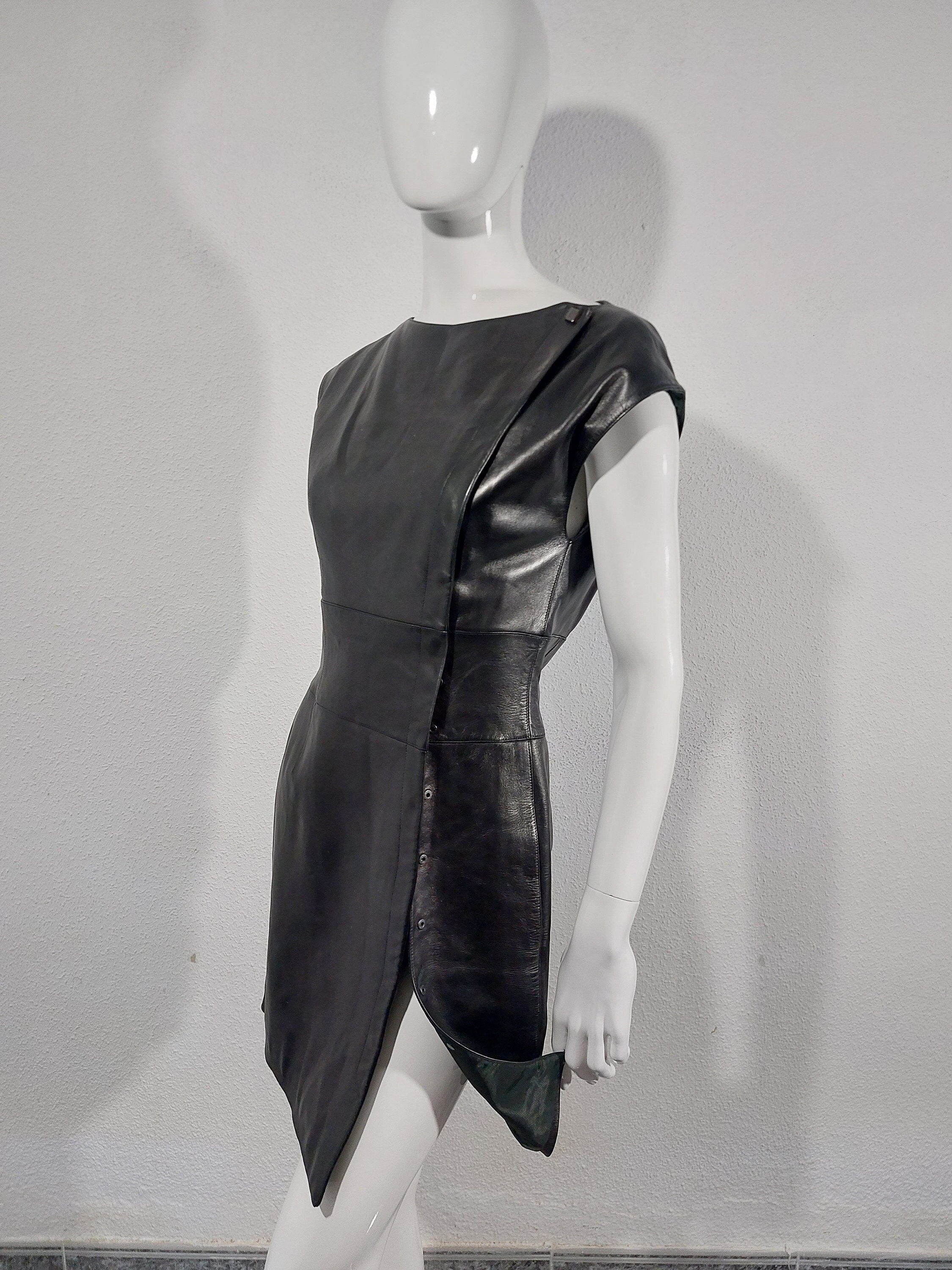 Thierry Mugler Couture Lambskin Leather Snap Black Evening Formal Wrap Split Sculptural Collector Mini Dress