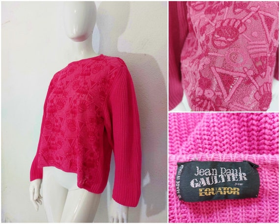 Jean Paul Gaultier, Jean Paul Gaultier JPG Equator Pink Tikki Mask Transparent 80’s Vintage African Tropical Hawaii Knitted Dancer Pullover Sweater
