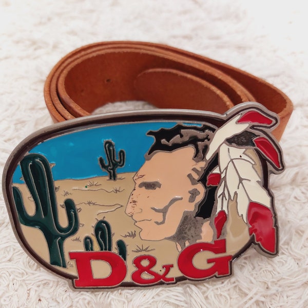 Dolce Gabbana DG Indian Western Native American Cowboy Vintage Leather Metal Wild West Y2K Belt