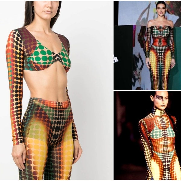 Jean-Paul Gaultier Cyber Psychedelic Dots Dotted Optical Illusion Kendall Jenner Kardashian Runway Multicolor crop top Bustier Bolero