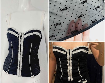 Dolce and Gabbana D&G Semi-Transparent White Black Ribbon Logo Monogram Corset Bustier