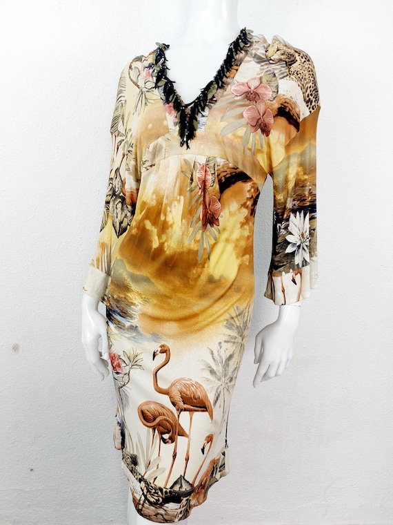 Archival Y2K Roberto Cavalli Tropical Flamingo Beaded Floral