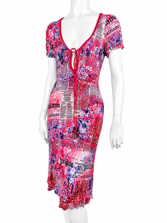 John Galliano, John Galliano Silk Gazette Newspaper News Face Floral Cocktail Evening Pink Rose Vintage Small Medium 90s Midi Dress