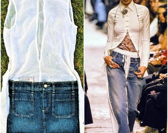 Jean Paul Gaultier Floating Skirt Runway 90’s JPG Vintage Jeans Blue White Mesh Transparent Optical Illusion Mini Dress