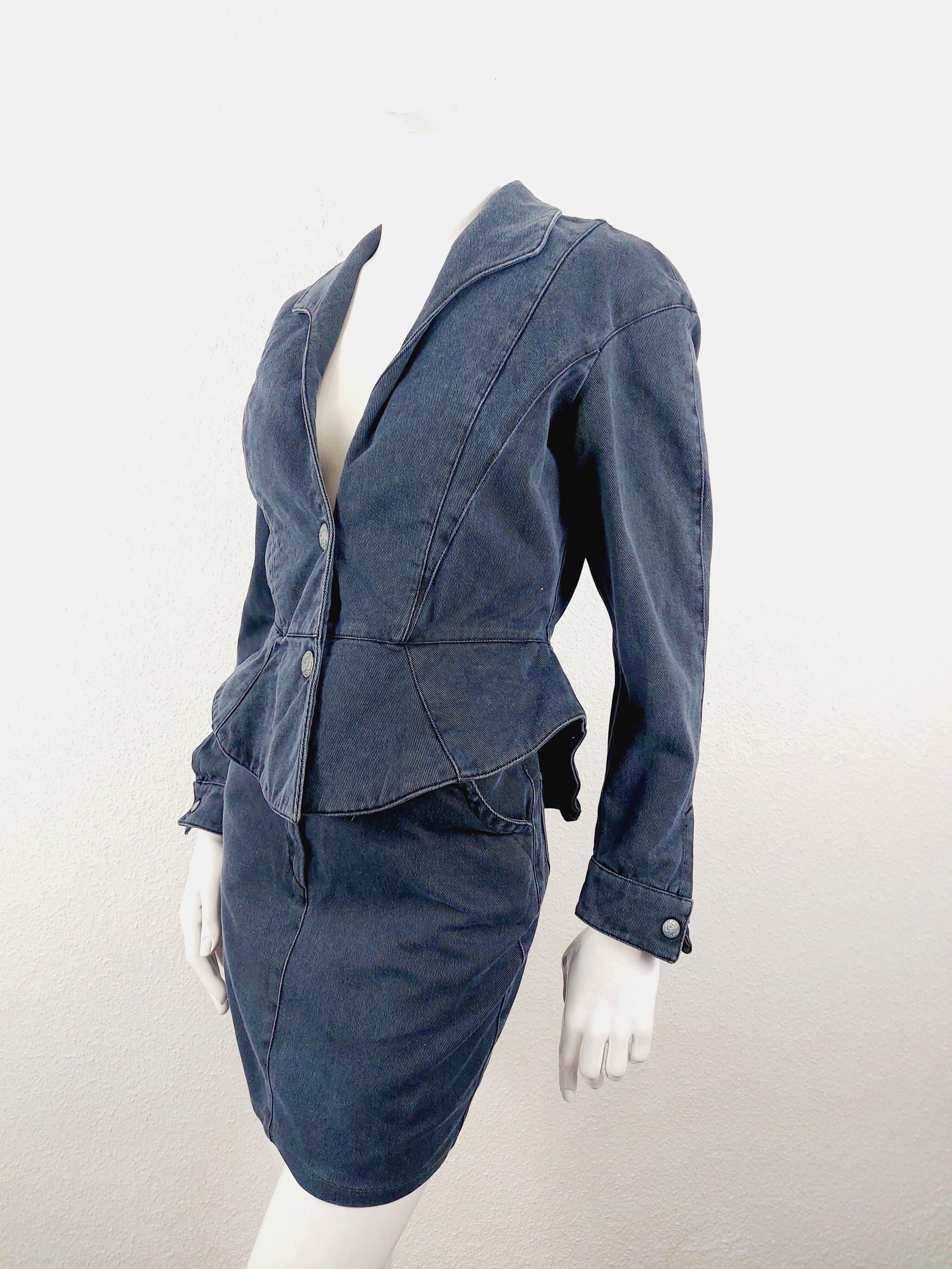 Thierry MUGLER Active Couture 80s acid washed sculptural denim Jeans Wasp Waist jacket skirt Suit Set