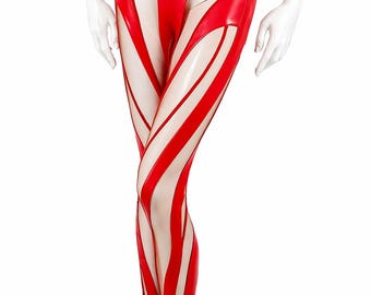 Thierry Mugler - Legging rouge futuriste en latex brillant avec empiècement en spirale en tulle et imitation cuir