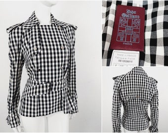 John Galliano Paris Checkered Vintage Black White Formal Y2K Belt Button Up Blazer Jacket