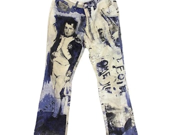 Cavalli Blue Beige Cotton Napoleon Renaissance Denim Pants Limited Edition 2000s Y2K Trousers