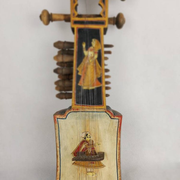 Antique Sarangi Indian Instrument 19th century hand painted wood Vintage folk art India