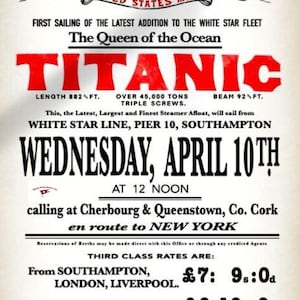 TITANIC 10.April 1912 Nachdruck der ersten Segelwerbung für Eintrittskarten