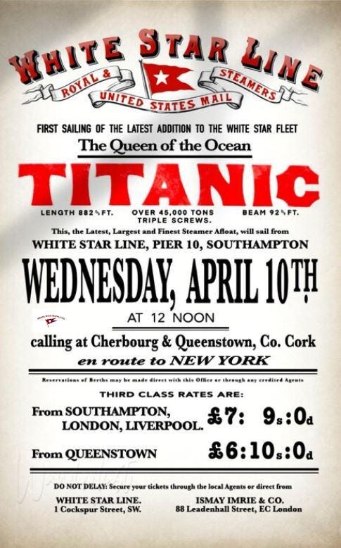 TITANIC April 10, 1912 First Sailing Advertisement Reprint