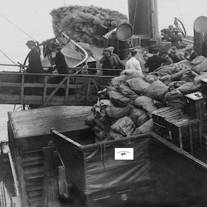 Mail and trunks being loaded onto Titanic at Queenstown Ireland 1912 reprint photo, Titanic memorabilia, vintage ship photo, 8.5 x 11 print