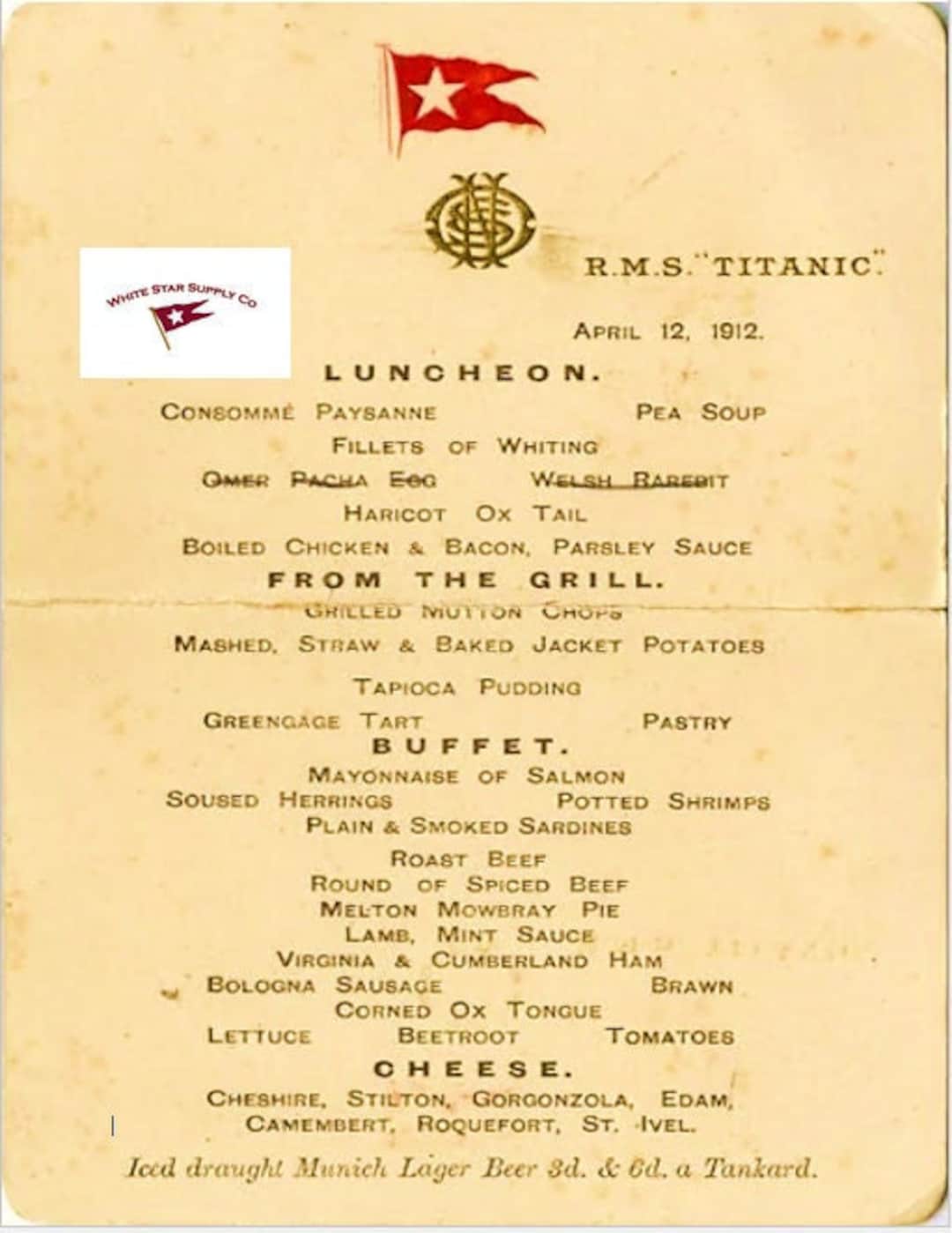 RMS Titanic First Class Lunch Menu April 12, 1912 Nice Replica Reprint ...