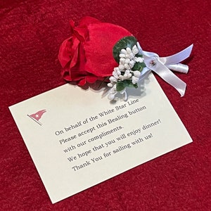 RMS Titanic, White Star Line, Bealing Button, Replica with Dinner card Replica.