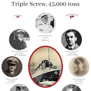 Puede incluir: Una fotografía en blanco y negro del RMS Titanic, el vapor más grande del mundo, con una hélice triple y un peso de 45.000 toneladas. La foto incluye retratos de los oficiales del barco, incluido el capitán Edward J. Smith, William McMaster Murdoch, Charles H. Lightoller, Herbert John Pittman, Joseph Grove Boxhall, Harold Godfrey Lowe y James Paul Moody. La foto también incluye texto sobre boletos y horarios de navegación disponibles en las oficinas de White Star Line en Liverpool, Nueva York, Southampton, Cherburgo y Queenstown.