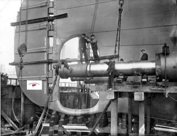 RMS Titanic workers installing starboard propeller shaft 1912 reprint, ship rudder view, 8.5x11 inches on high-quality photographic paper