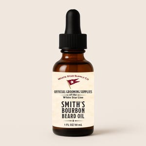 May include: A brown glass bottle of Smith's Bourbon Beard Oil with a black dropper. The label reads "White Star Supply Co" and "Official Grooming Supplies." The bottle contains 1 fl oz / 30 mL of beard oil.