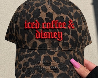 Iced Coffee & Disney Embroidered Leopard Hat | Disney Adult Coffee Hat | Trendy Leopard Baseball Cap | Theme Park Outfit Hat