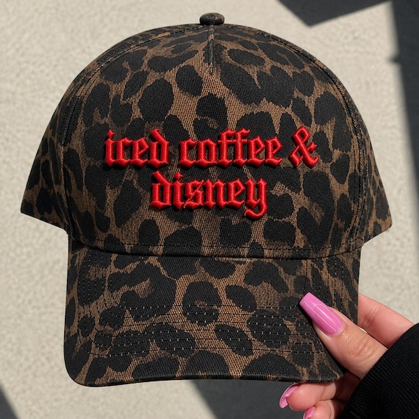 Iced Coffee & Disney Embroidered Leopard Hat | Disney Adult Coffee Hat | Trendy Leopard Baseball Cap | Theme Park Outfit Hat