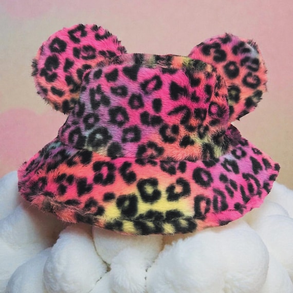 Rainbow Leopard Faux Fur Bucket Hat With Ears Fuzzy Plush  display picture 2