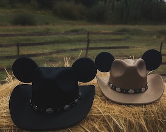 Cowboy western hat with SEWED ON mouse ears inspired by Disney Minnie Mickey Mouse