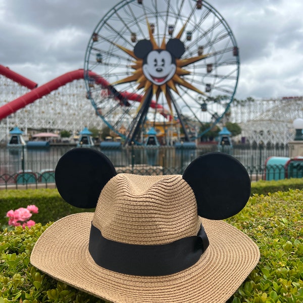 Pinched Straw Sun Hat with SEWN ON Sturdy Mouse Ears inspired by Mickey