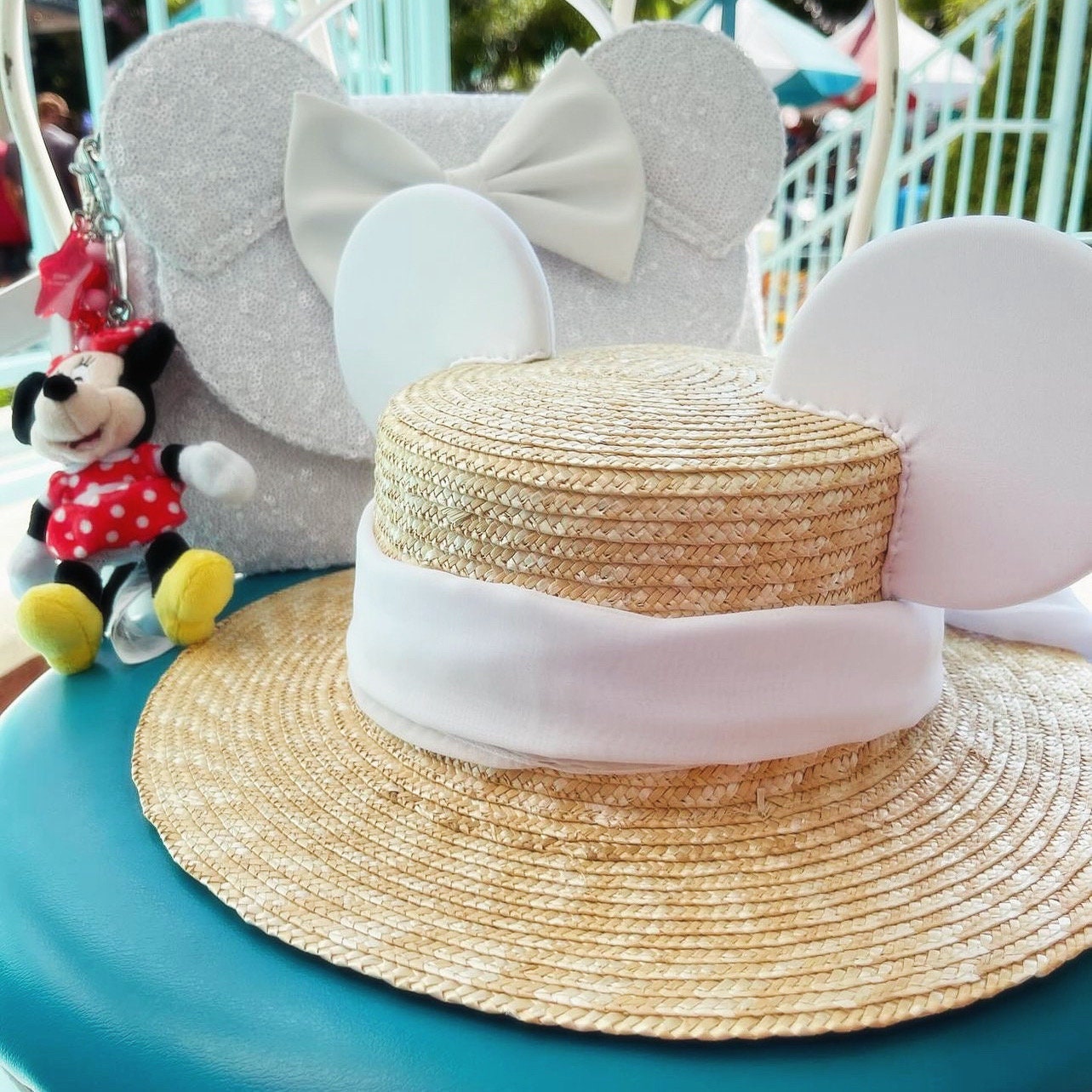 Disneyland Disney Minnie Mickey Mouse ears inspired Fedora Sun Hat ears  white ribbon bow for wedding bride to be bachelorette