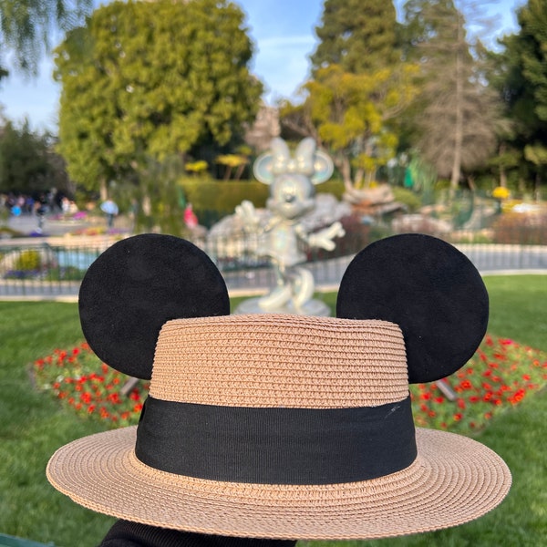 Straw Sun Hat with SEWN ON Sturdy Mouse Ears inspired by Mickey