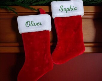Custom Christmas Stocking – Personalized Plush Embroidered Name – Soft Red & White Xmas