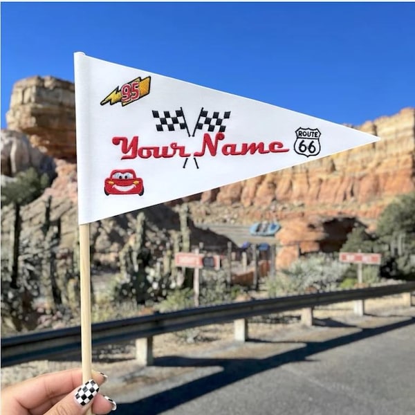 Personalized Cars Stroller Tag, Embroidered Pennant Flag, Disney Stroller Marker, Custom Name Flag, Cars Land Route 66