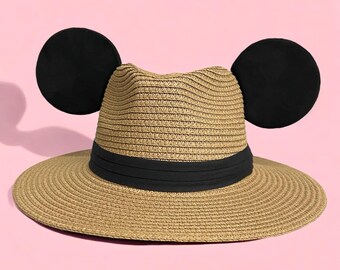 Black Disney Mickey Minnie Mouse Ear Style Straw Hat Beach  display picture 3